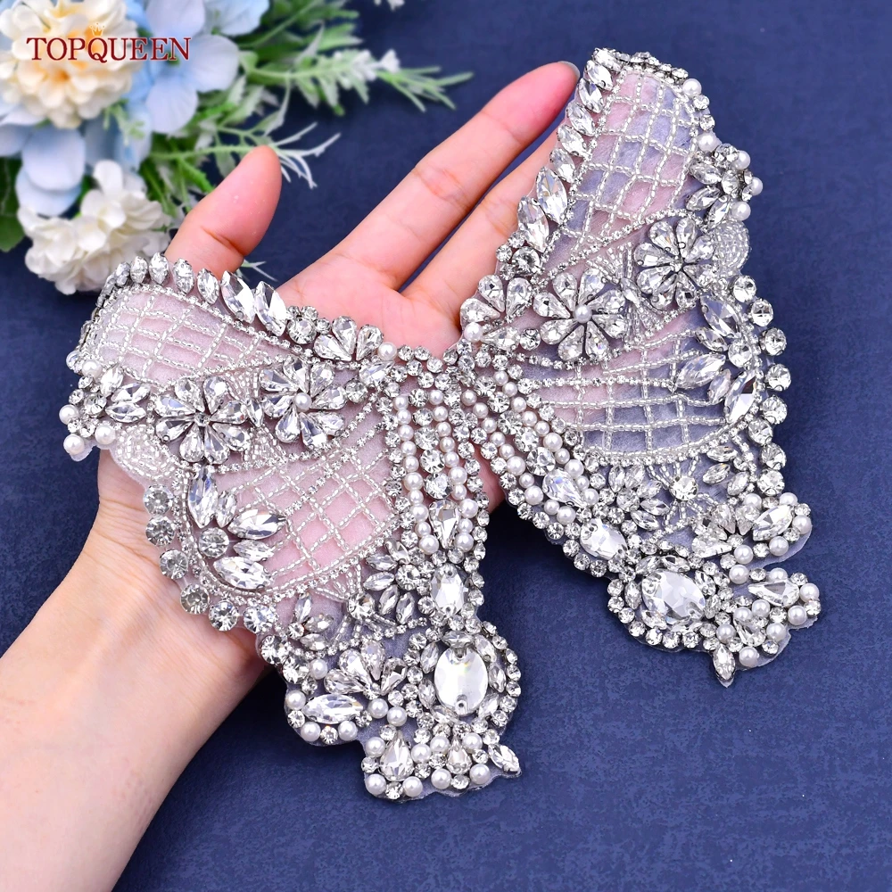 TOPQUEEN 3D Rhinestone Decal Pair Crystal Bead Handmade Patch French Bodice Applique Heavy Decal Wedding Set DIY SP55