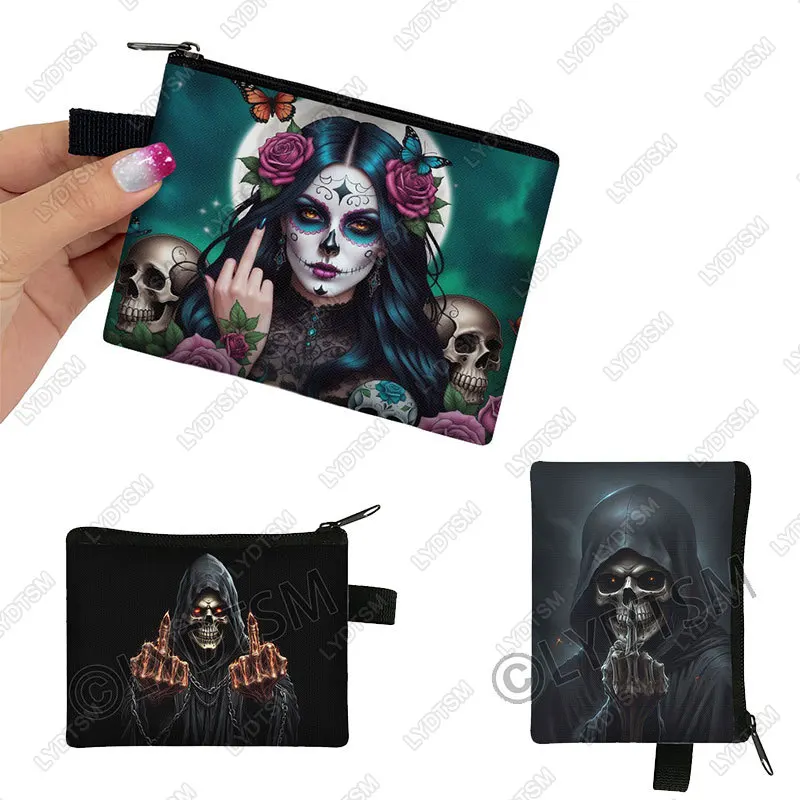 Funny Grim Reaper Skull Middle Finger Pattern Coin Bag Baby Women Card Key Earphone Holder Wallet Money Bag Zipper Pouch