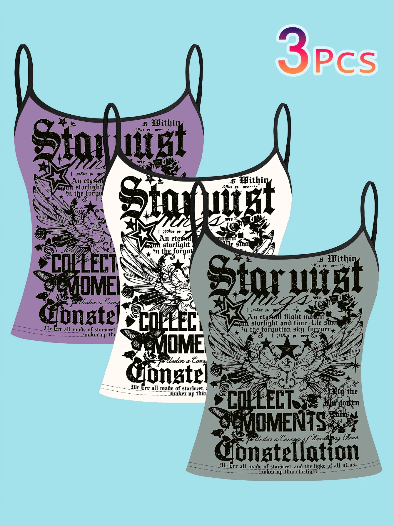 3-Pack Dark Y2K Star Wings Print Thin Camisole Stardust Gothic Font Slim Fit Sleeveless Top Grunge Style Layering Undershirt