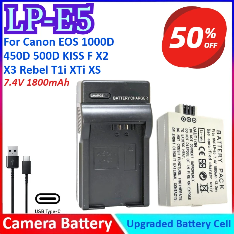 

LP-E5 7.4V 1800mAh Replacement Camera Battery +Charger For Canon EOS 1000D 450D 500D For KISS F X2 X3 For Rebel T1i XTi XS