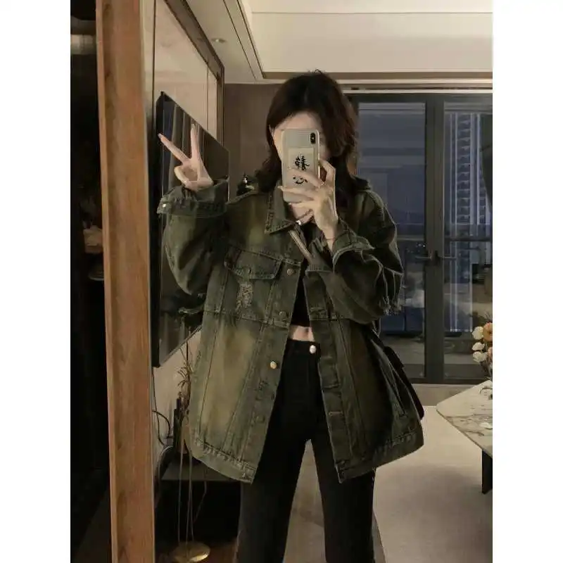 아메리칸 슬레 빈티지 찢어진 데님 재킷 여성용 루즈 슬림핏 봄 신상 스트리트 슬레 탑 면 100% 코트