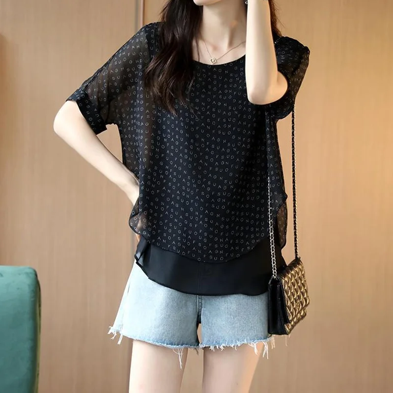 Loose Short Sleeve Chiffon Blouse Summer New Asymmetrical Thin Black Letter Print Office Shirt Tops Vintage Casual Women Clothes