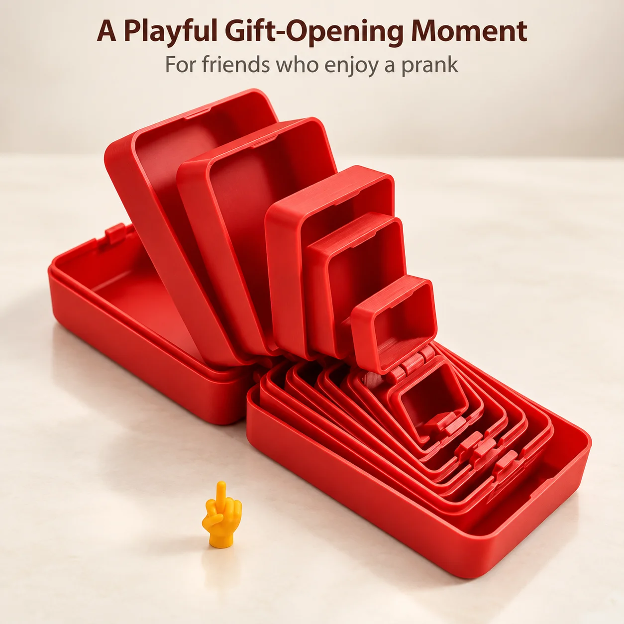 3D Printed 6 Layer Nesting Prank Gift Box with Mini Middle Finger Figurine, Surprise Gag Gift for Halloween Parties and Friends