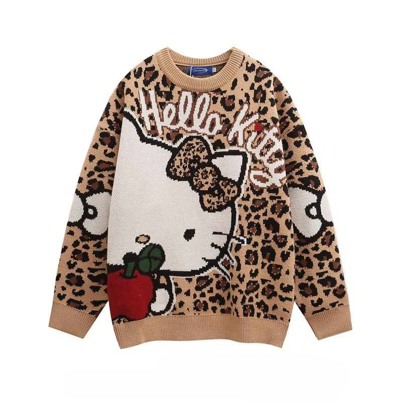 Sanrio Hello Kitty Leopard Print Round Neck Sweater Anime Cartoon Y2k Retro Winter Loose Versatile Couple Sweet Cool Sweater