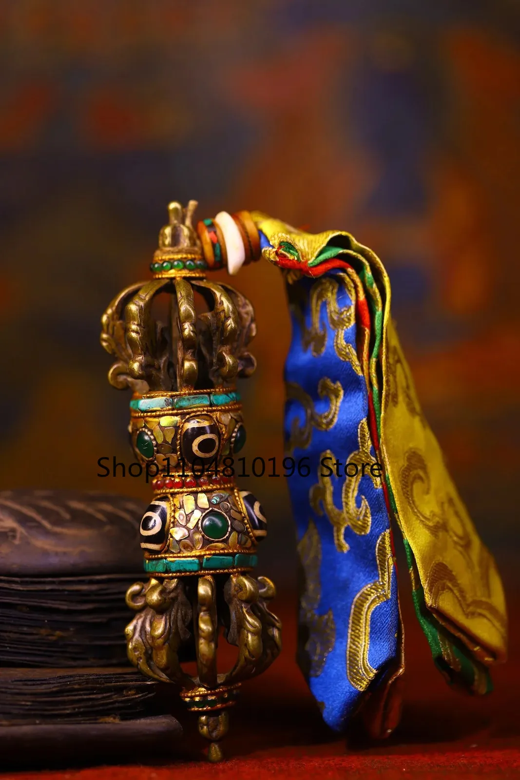 Bronze Painted Mosaic Gem gZi Beads Nine Shares Vajra Phurpa Pendant Amulet