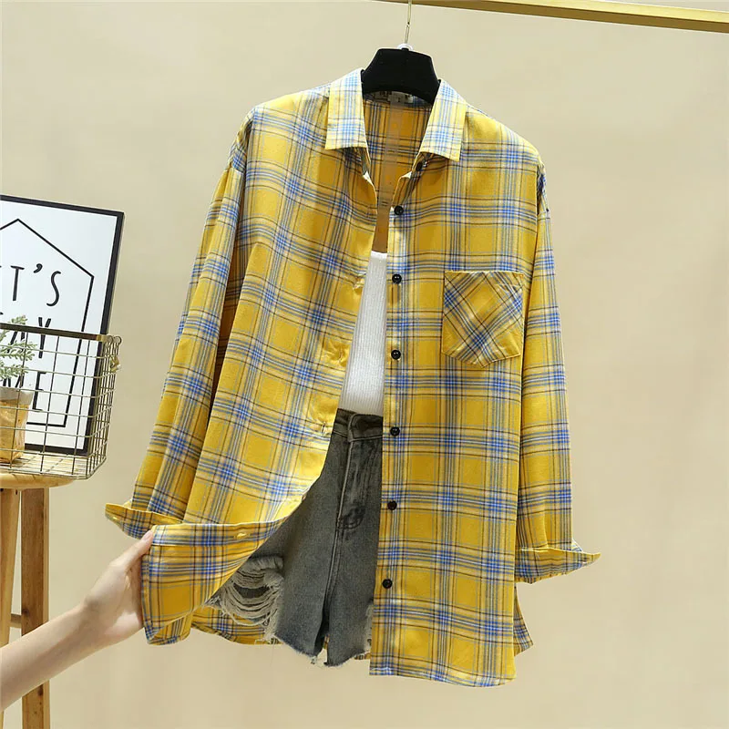 2024 New Casual Loose Women Plaid Shirt Lady Blouses Long Sleeve Shirts and Tops Oversized Female Cotton Checked Clothes