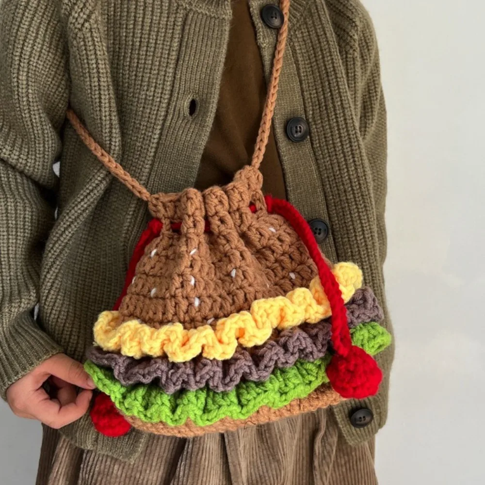 Knitted Hamburger Shoulder Bag Styling Accessories Cute Crochet Crossbody Bag Cartoon Finished Product Headphone Storage Bag