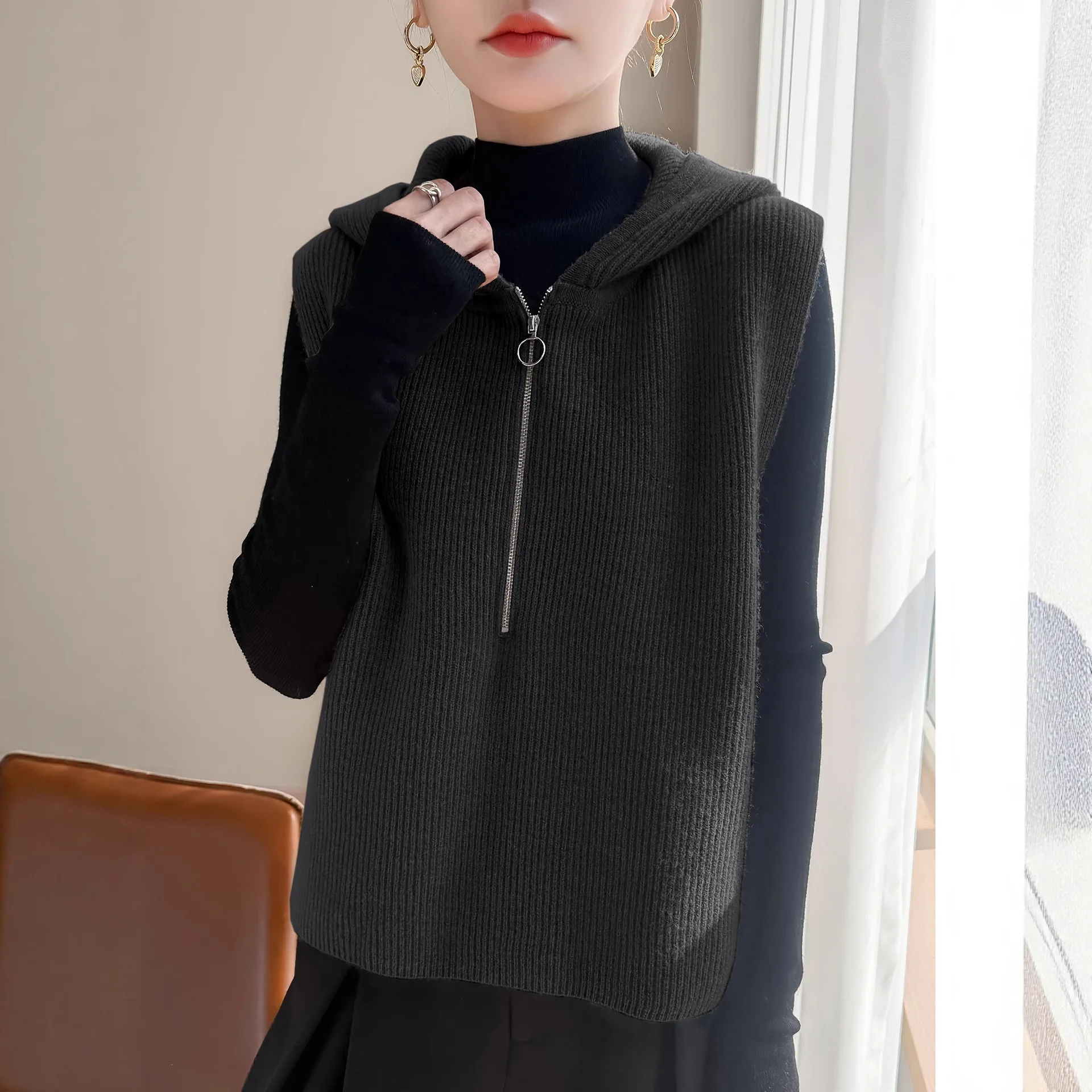 Damska kamizelka swetrowa z zamkiem błyskawicznym, z kapturem, ciepła, jesienno-zimowa, dzianinowa kamizelka, modna, luźna, koreańska, gruba kamizelka swetrowa, codzienna odzież wierzchnia.