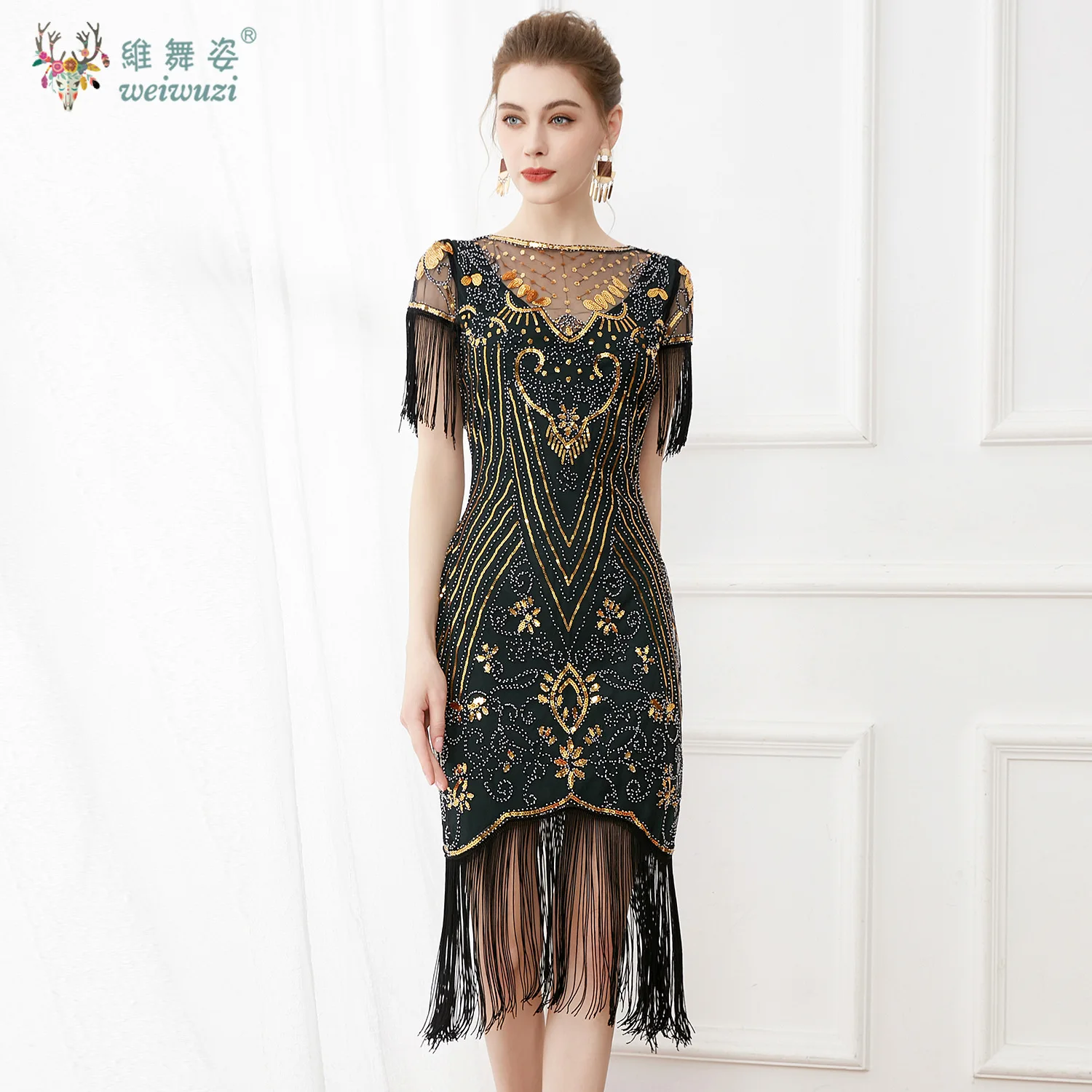 빈티지 볼 플러스 사이즈 슬림 피트 스팽글 스터드 메쉬 딥 브이넥 드레스 자수 태슬 반팔 드레스 칵테일 파티