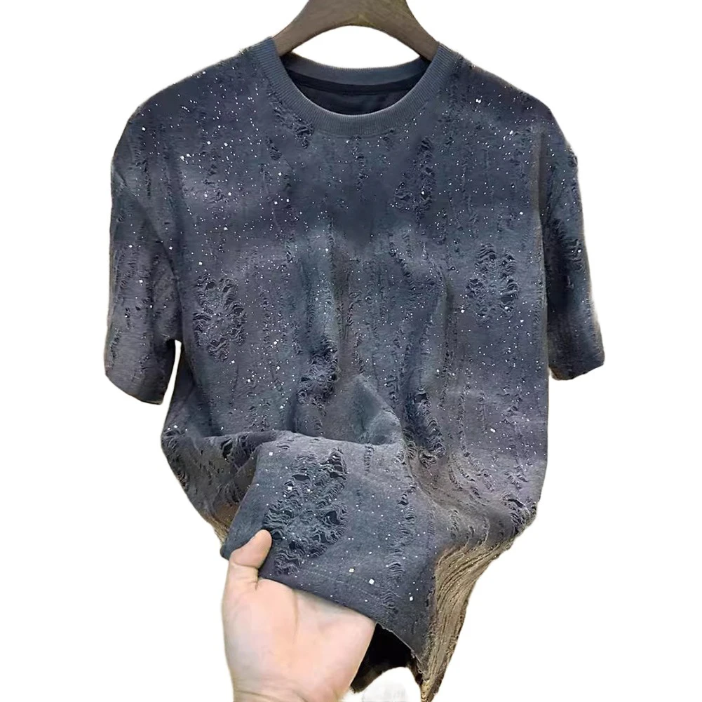 Men Rhinestone Rivet T-Shirt Round Neck Casual Korean Short Sleeve Bling Tee Summer