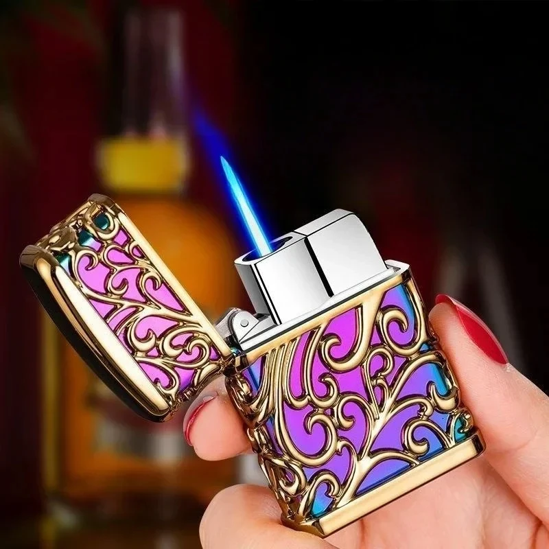 Hot Selling Metal Blue Flame Turbo Torch Inflatable Butane Gas Lighter Outdoor Windproof Lighter 3D Floral Pattern Cigarette Set