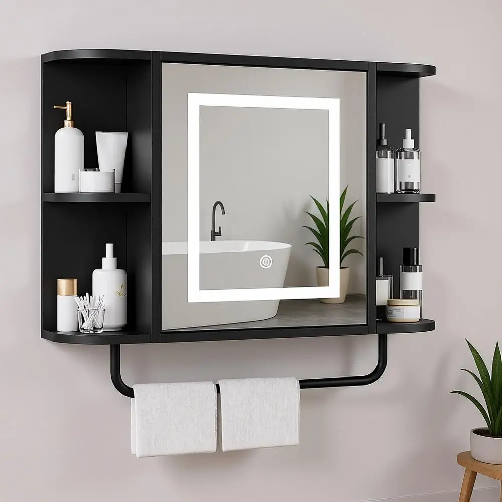 

Black Wall-Mounted Mirrored Cabinet with LED Lights and Adjustable Shelves, 21.7L x 6.7W x 18.1H