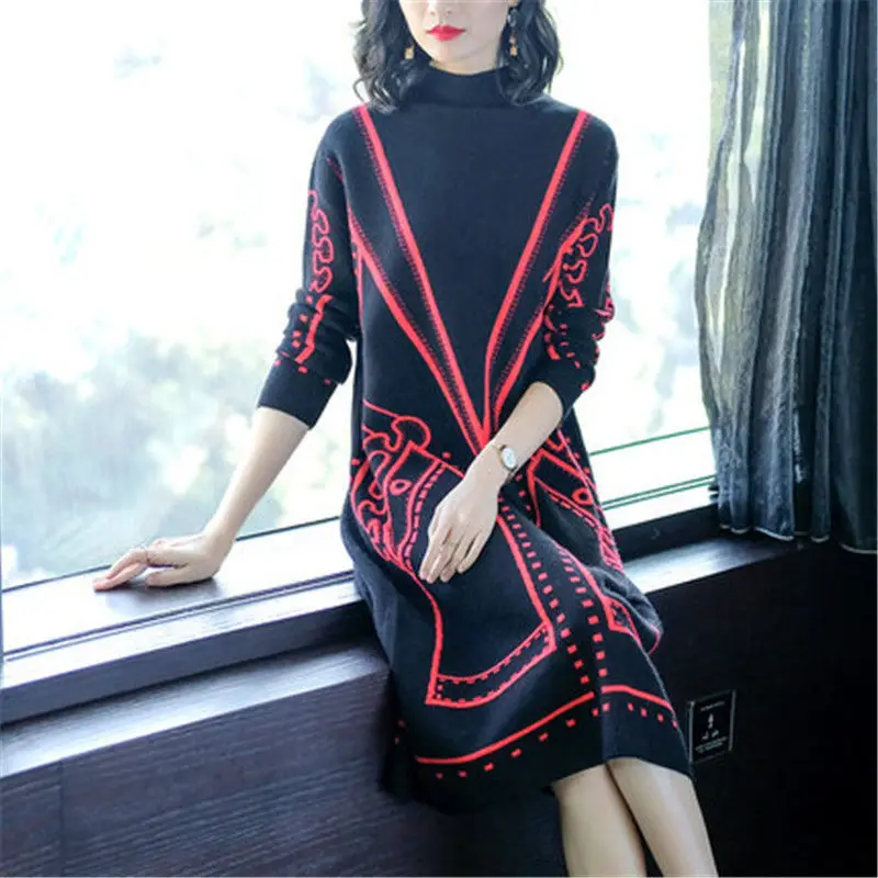 Autumn Winter Geometric Knitted Midi Dress Basic Vintage Half High Collar Women\'s Clothing Straight Casual Long Sleeve Dresses