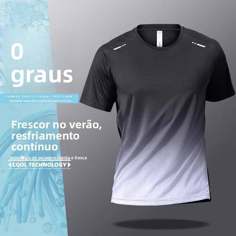 Camiseta Masculina de Verão em Seda Gelada, Tamanho Grande, Solta, Respirável, de Secagem Rápida, para Esportes, Fitness, Cor...