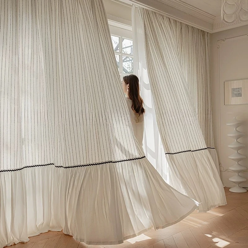 French Cream Black Sheer Curtains for Living Dining Room Bedroom White Tulle Striped Patchwork Design Protects Privacy Luxury