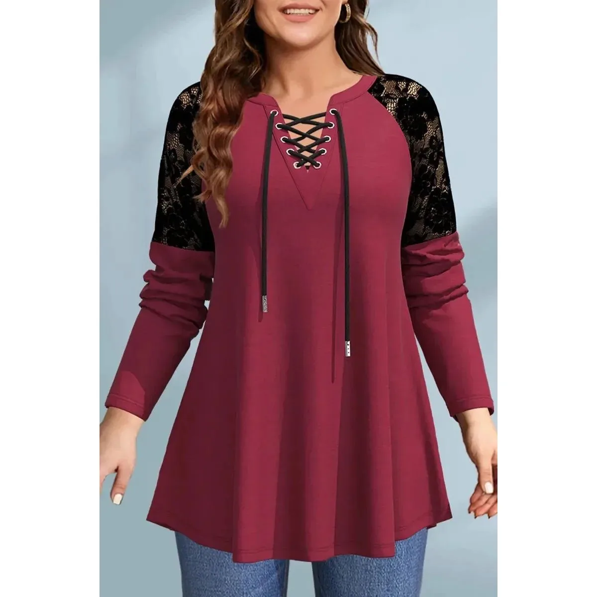 

Women's plus Size Long Sve T-irt Casual Lace Insert Bury Sle Comfortable Fit Polyester Material