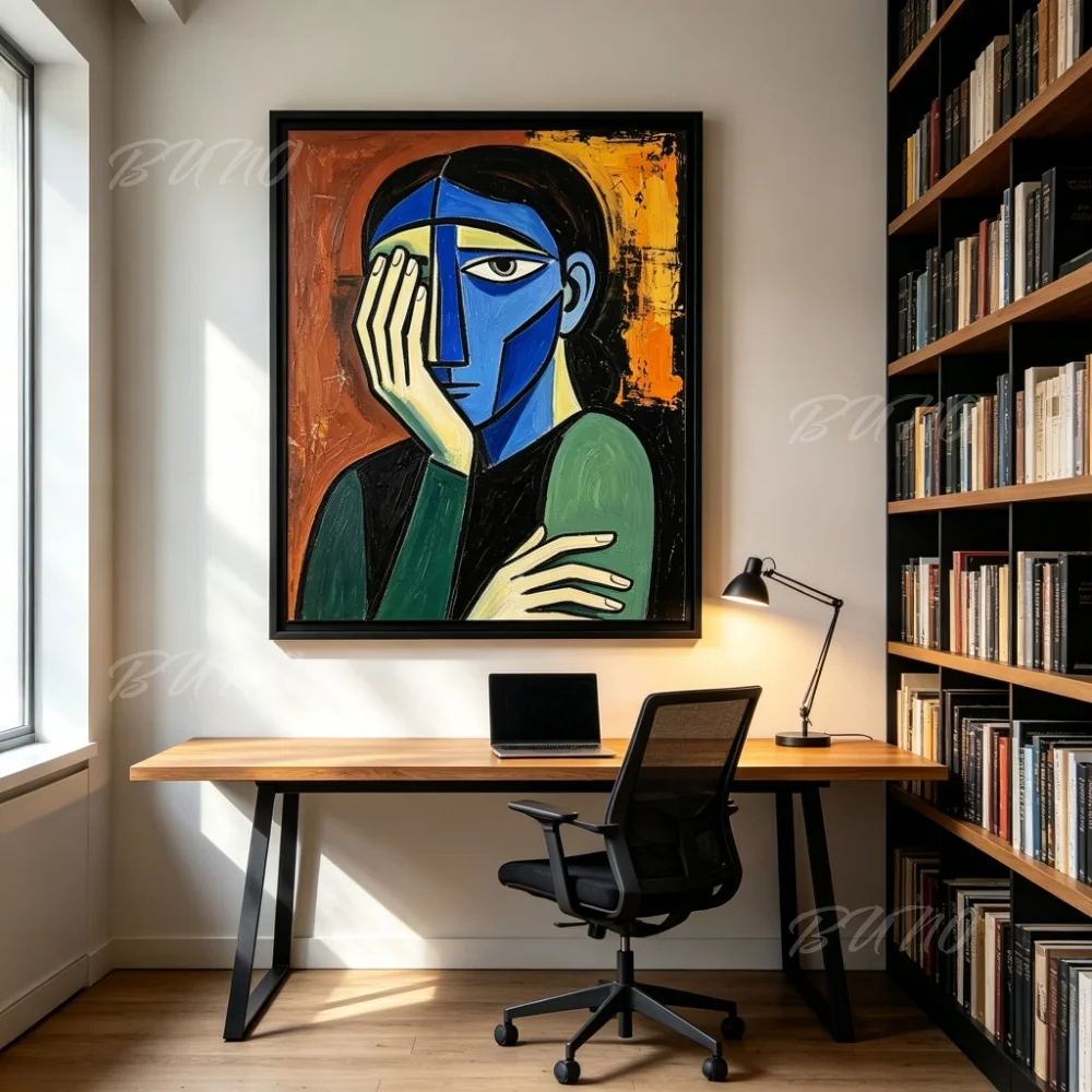 Hand Painted Oil Painting Picasso Style Cubist Abstract Cracked Face Portrait Canvas Wall Art Home Decor for Living Room Bedroom