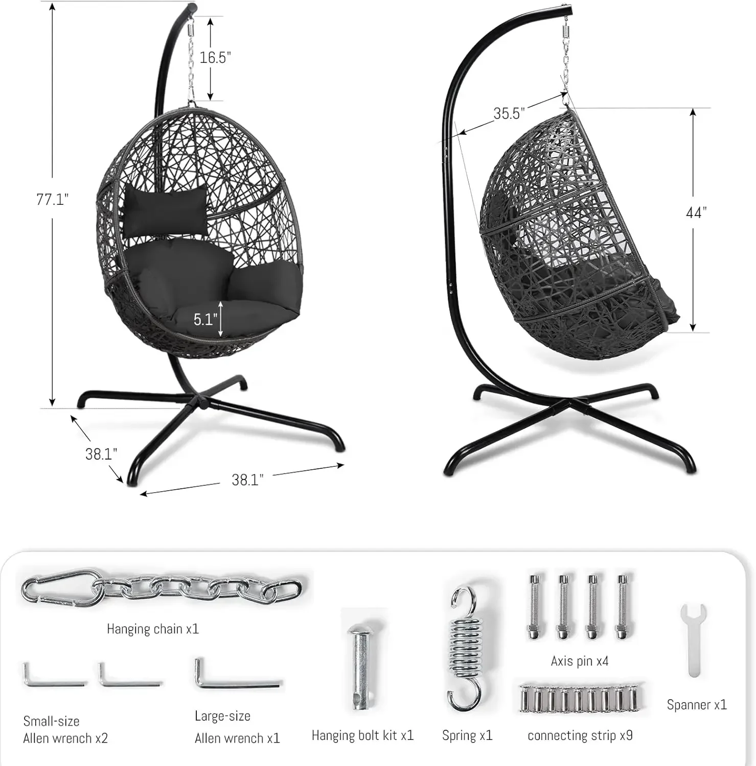 BULEXYARD Indoor Outdoor Large Wicker Hanging Egg Chair with Stand PE Rattan Big Swing Hammock Bird Nest Egg Chairs UV Resistant