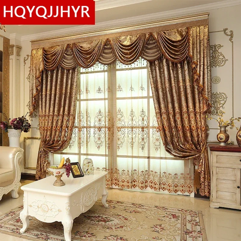 HQYQJJHYR Luxury European Brown Embroidered High Shading Curtains, Living Room, Hotel, Classic, High Quality, Bedroom, Kitchen