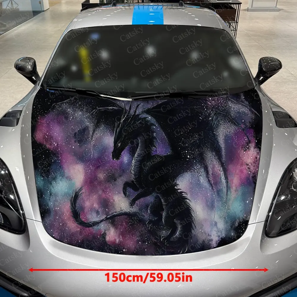 Iridescent Starry Sky Black Dragon Car Vinyl Wrap, PVC Waterproof Car Hood Sticker, Self-Adhesive Scratch-Resistant Stickers