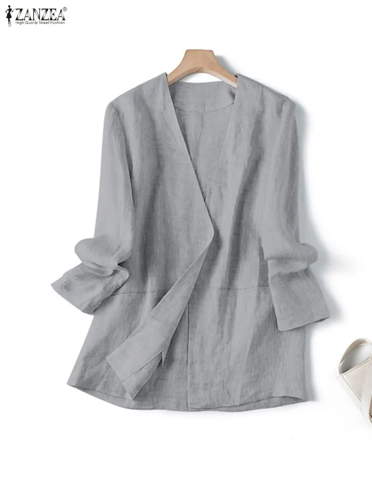 

ZANZEA Fashion Women Cotton Blazer 2025 Autumn Long Sleeve V-Neck Loose Casual Solid Cardigans Elegant Office Streetwear Coats