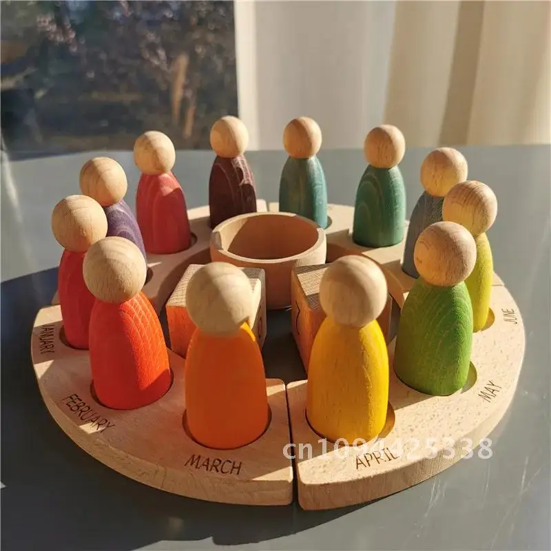 New Wooden Toys Beech Rainbow Calendar Peg Dolls Together Wizard Figurines Stacking Blocks for Kids