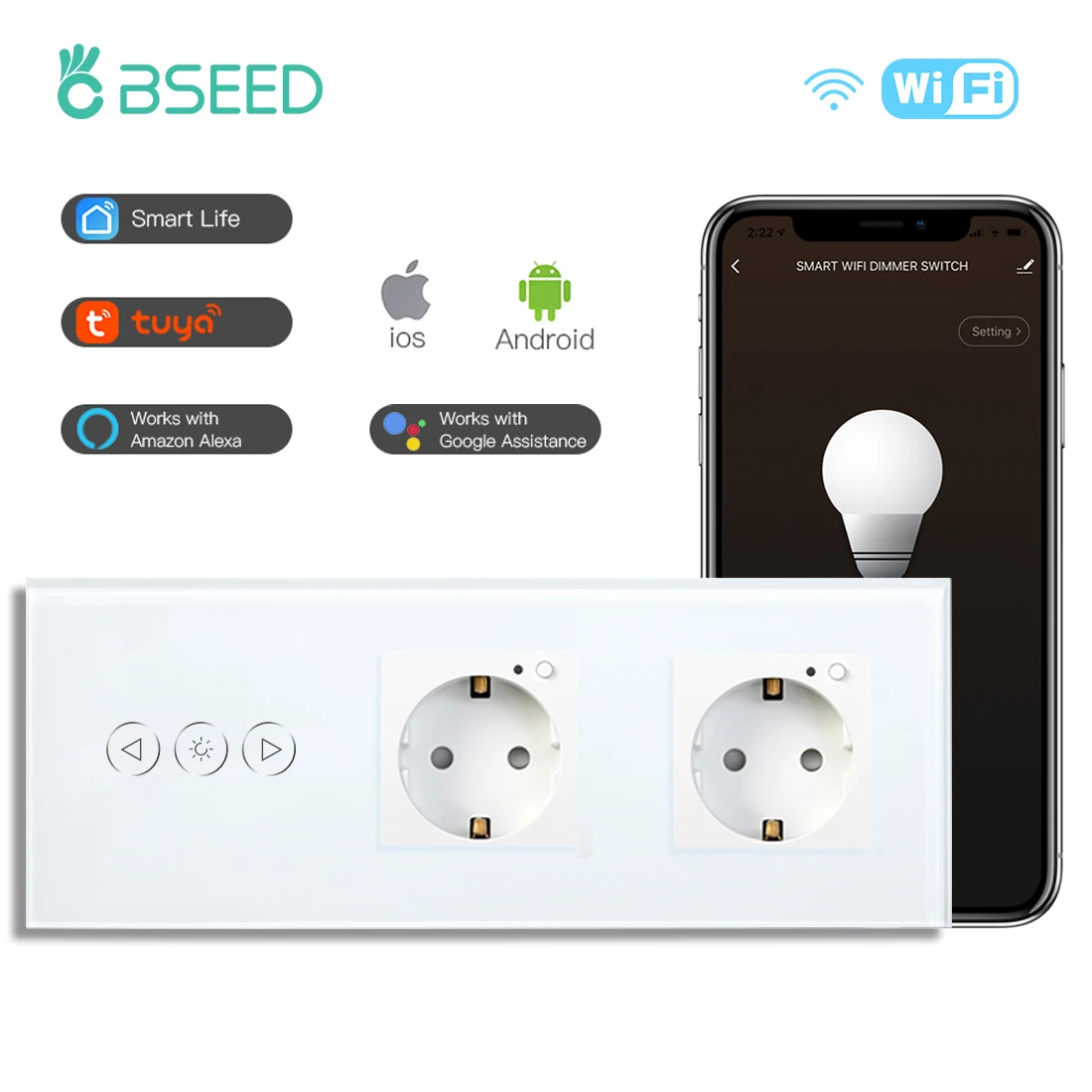 

BSEED Dimmer Touch Wifi Light Switch Touch Dimmable Led Switch With Double Smart Socket EU Support Google Alexa Tuya App