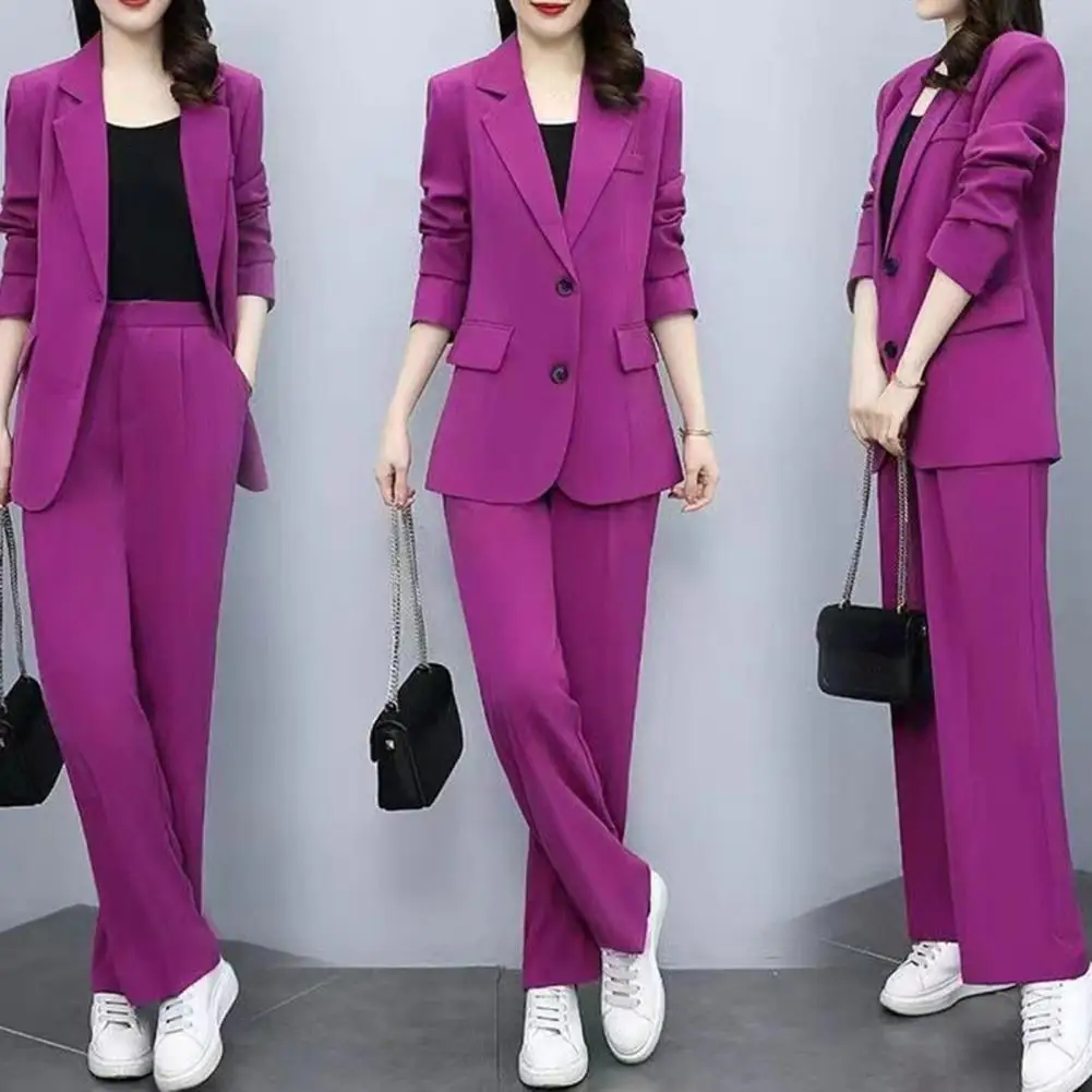 Elastic Waist Pants Suit Long-sleeved Coat Wide-leg Pants Formal Business Style Women\'s Coat Pants Suit Set with Lapel for Work