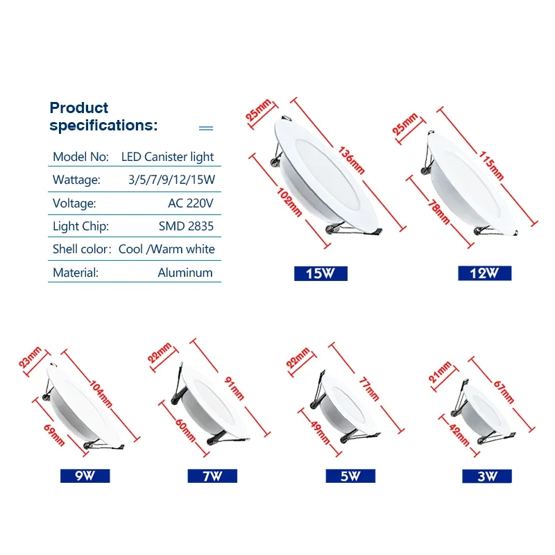 Luz descendente LED redonda de aluminio grueso, foco empotrable de 12W, 15W, AC220V, 3W, 5W, 7W, 9W, iluminación para dormitorio, cocina, lámpara de techo interior