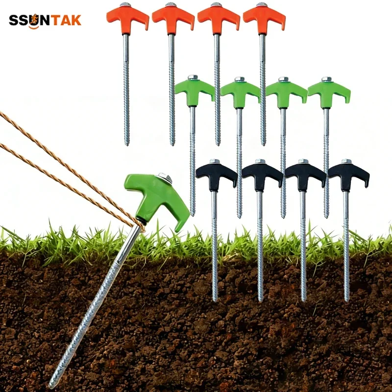 SSUNTAK 4Pcs Heavy Duty Carbon Steel Spiral Screw in Tent Stakes Hex Socket Ground Anchors Outdoor Camp Canopy Ground Nail Pegs