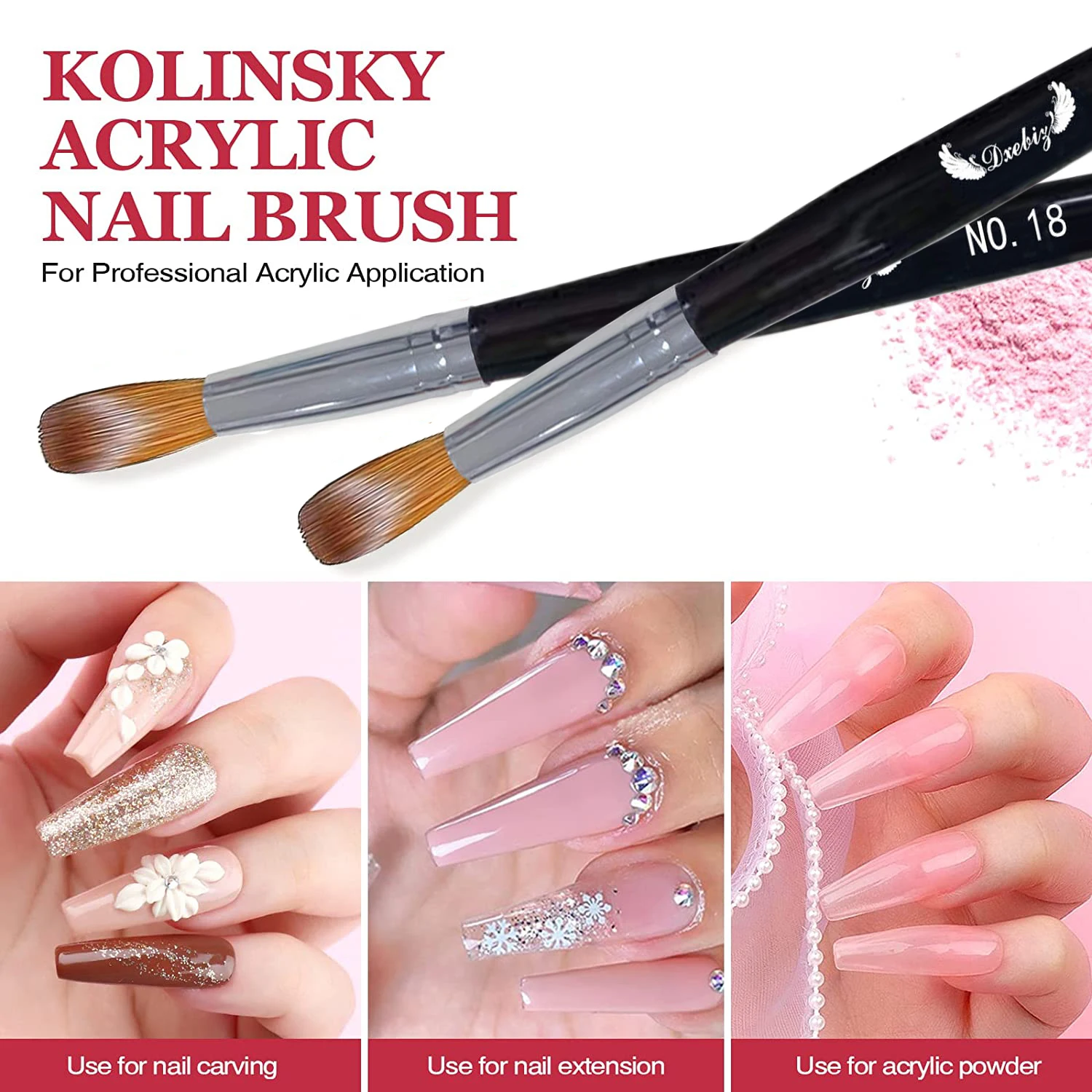 Kolinsky Acrílico Nail Brush Set, Pó Aplicação Pincéis, Arte Extensão e Escultura, 10 Tamanho para Escolha, 14 16 18 20 22 24