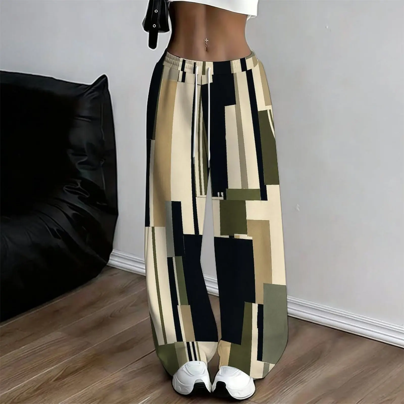 Women Printed Loose Full Length Straight Leg Pants Elastic Drawstring Waist Casual Trousers