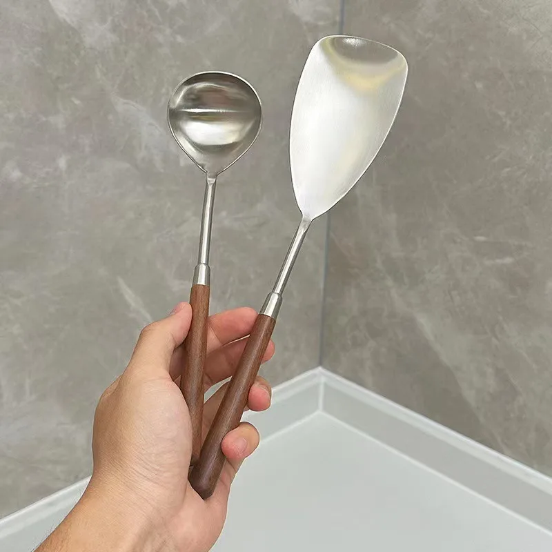 Home Stainless Steel Soup Scoop Wooden Long Handle Cooking Shovel Scoop Restaurant Hotpot Soup Porridge Spoon Tableware Lijiao