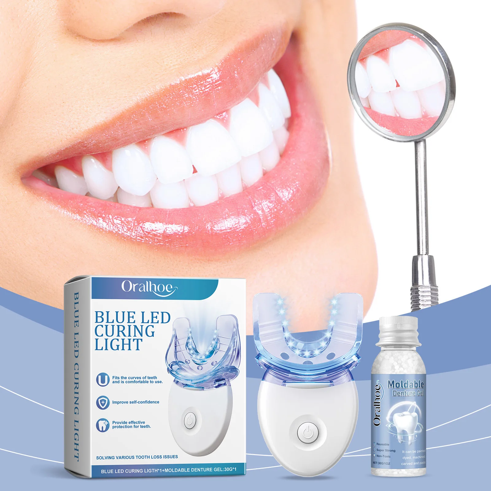 Kit de blanchiment des dents 2 en 1 avec lumière LED bleue, gel dentaire moulable, élimination des taches de café, appareil de soins bucco-dentaires portable pour la maison et les voyages