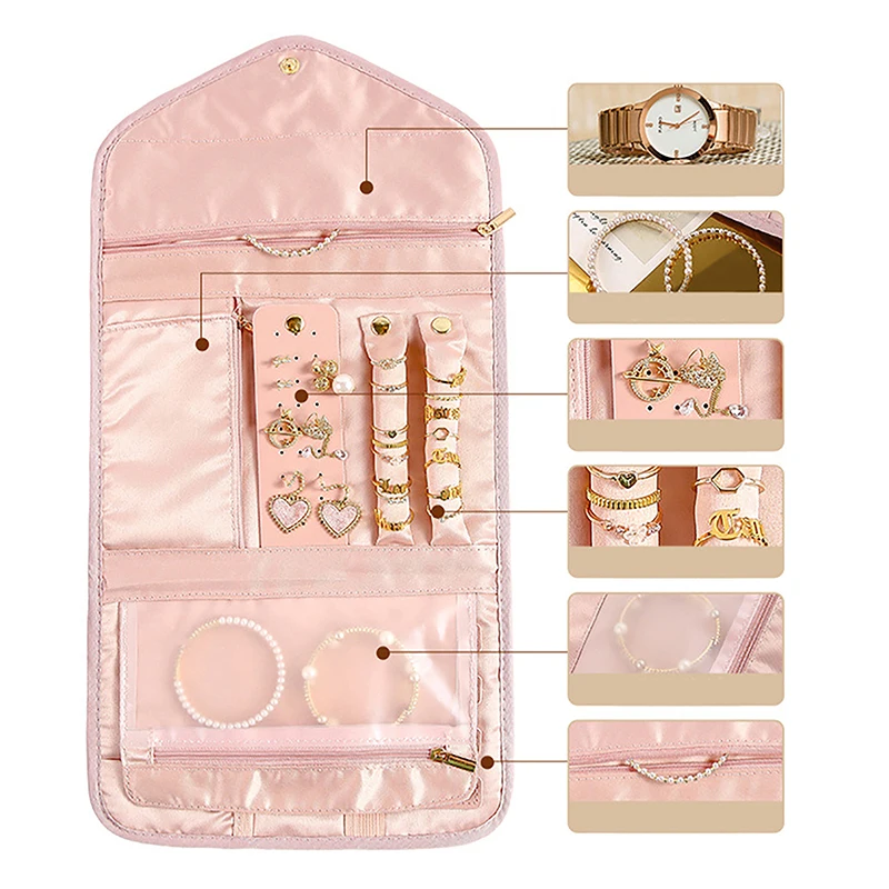 S/l Portable Roll Foldable Jewelry Case Travel Jewelry Organizer For Journey Earrings Ring Diamond Necklace Brooches Storage Bag