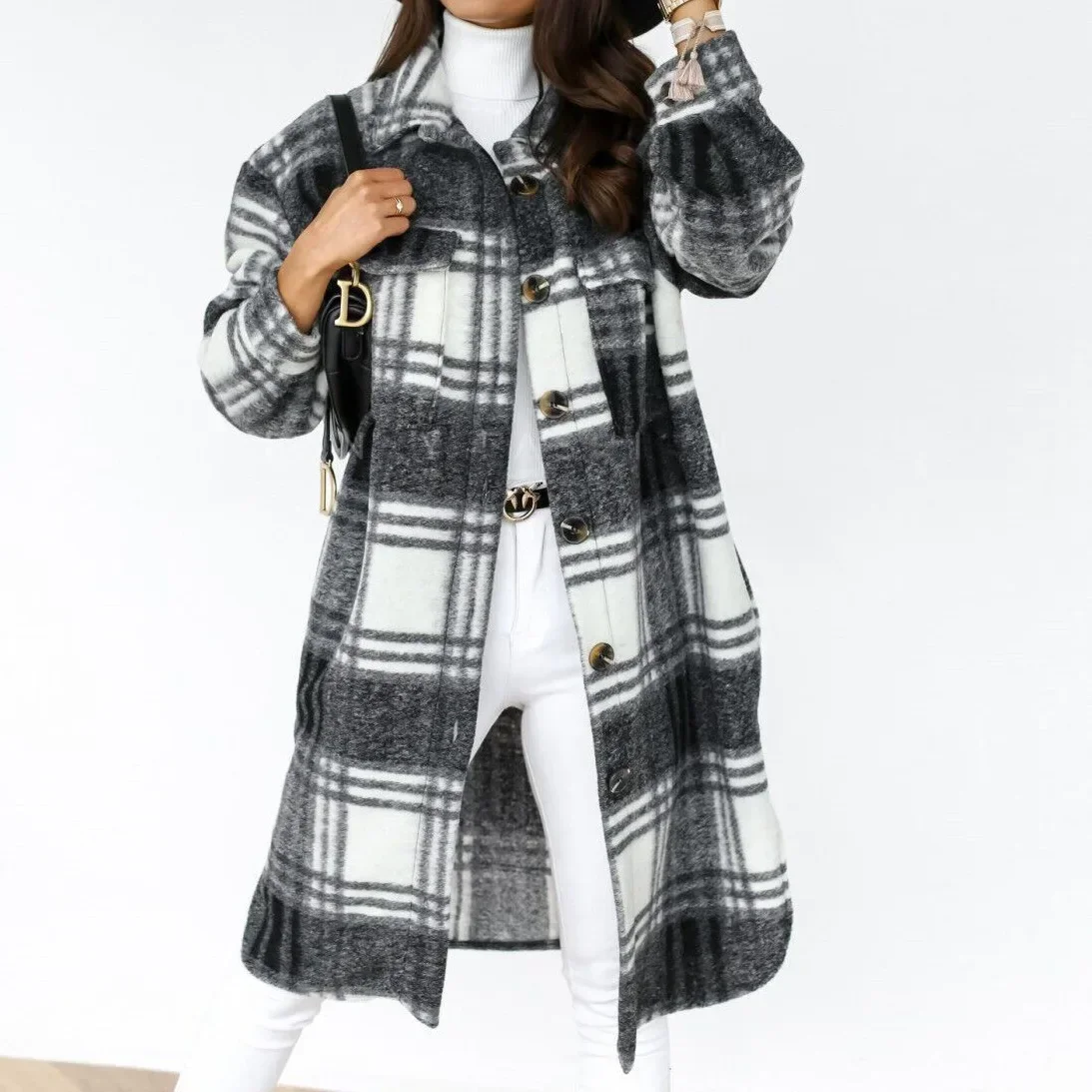 Single Breasted Trench Coat Fashion Long Autumn Winter Women\'s Clothing Long Sleeve Woolen Plaid Overcoat Coat