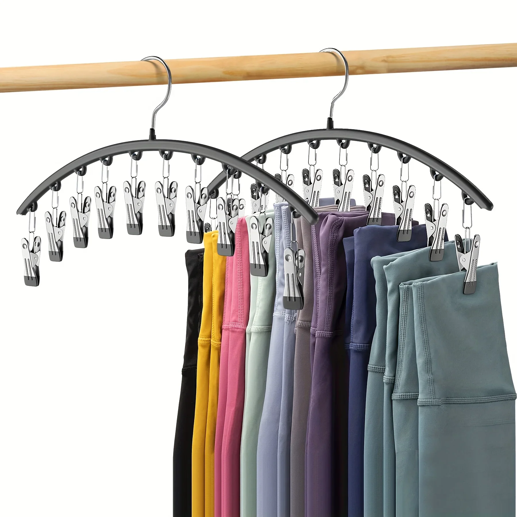 1pc Curved Shape Hanger, Metal Yoga Pants Hangers, Organizer For Closet, Pants Hanger With 10 Clothespins, Holds 10 Leggings Bra