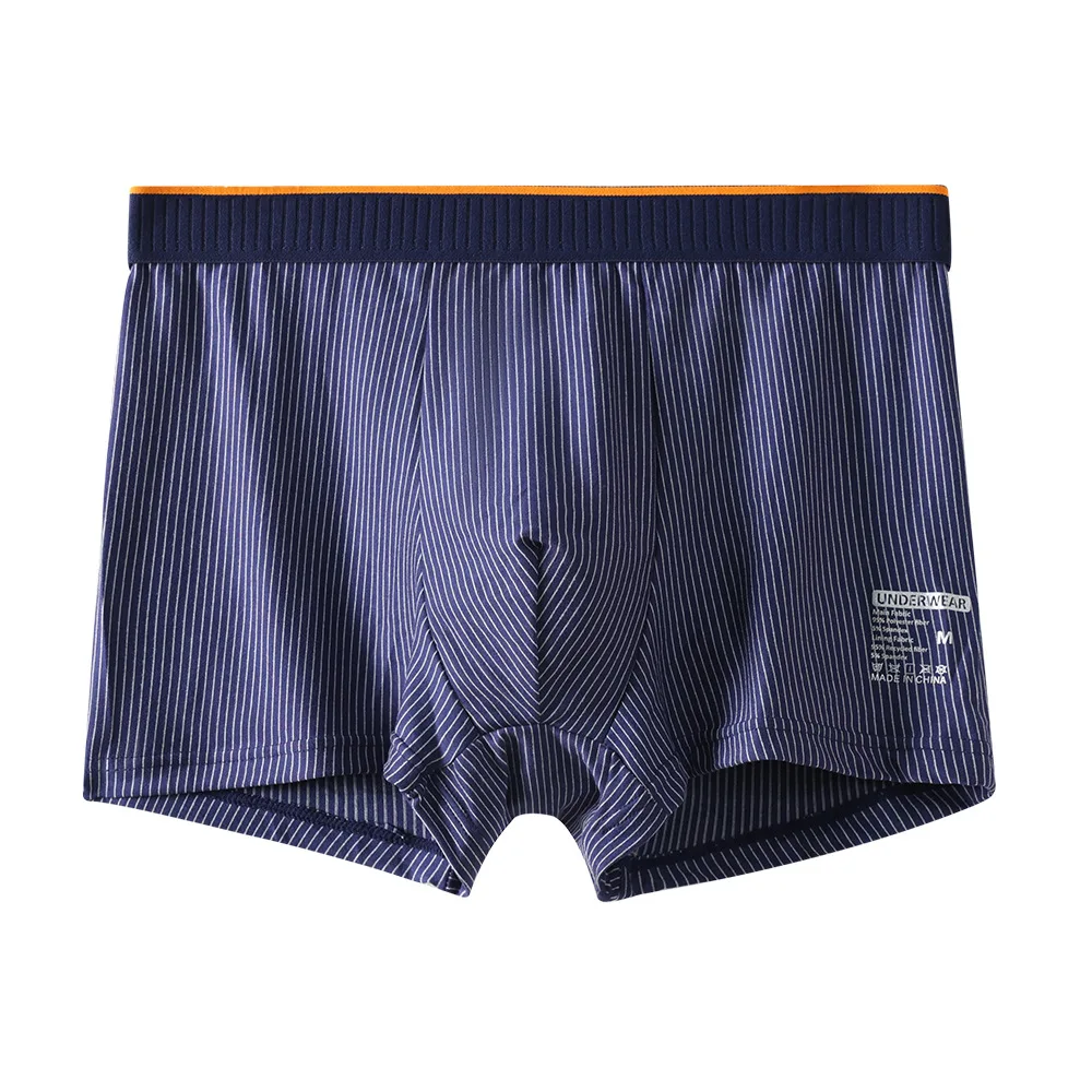 5 Pack Men Mid Waist Boxer Underwear Milk Silk Boxer Briefs Vertical Striped Rib Waistband Breathable Sweat Absorbing