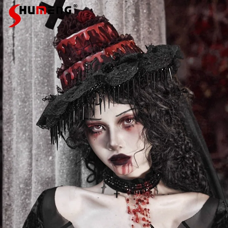 Gothic Cake Hat Grotesque Mesh Trailing Hats Accessories Halloween Fedoras Apparel Accessories Women's Unique Design Chic Caps