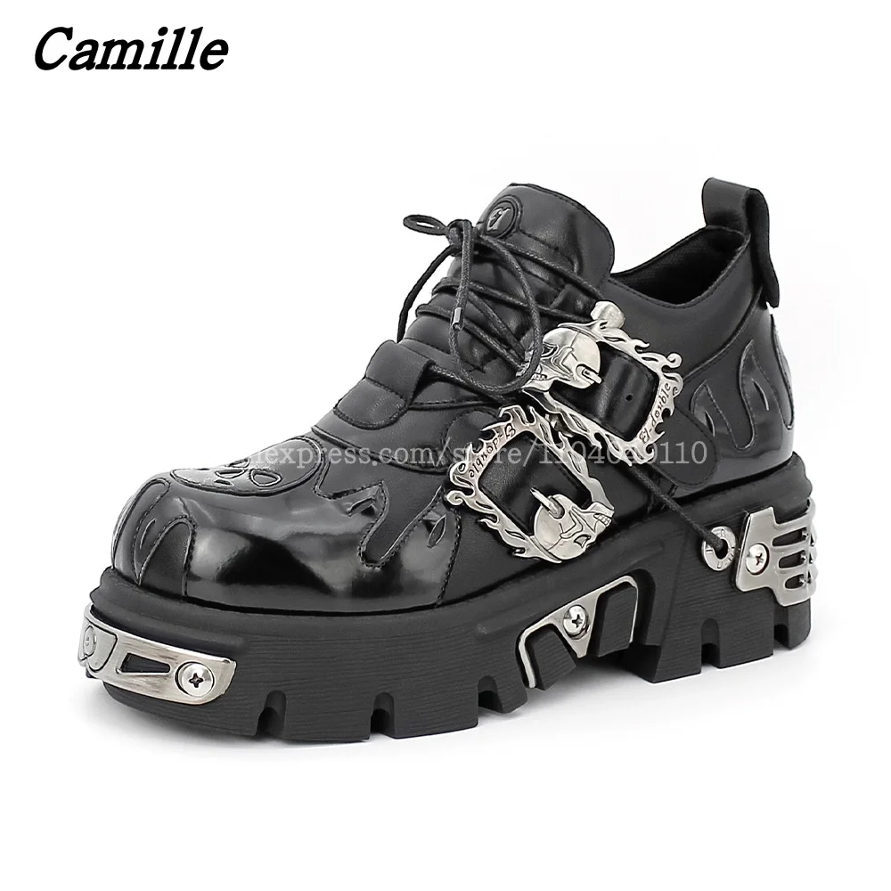 

Retro Rock Punk Style Metal Toe Ankle Leather Boots Autumn New All-Match Casual Lace Up Boots Large Size Metal Decoration Shoes