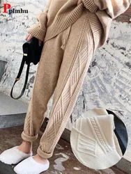 Casual Knitted Harem Pants High Waist Womens Thick Ankle-length Sweatpants Korean Knit Stretch Jogger Trousers 2024 Winter Warm