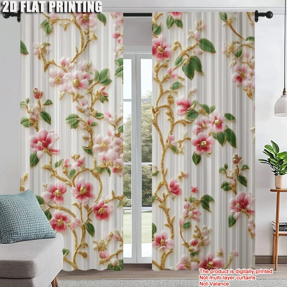 

2Pcs Glam Floral Window Curtains Rod Pocket Design For Easy Installation Decorative Drapes For Living Room Polyester Machine