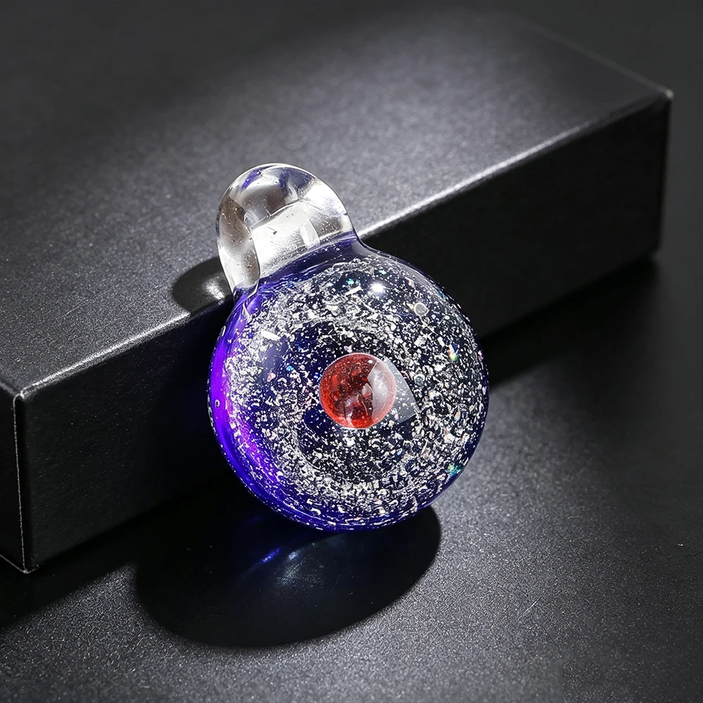 Galaxy Glass Planet Pendant Necklace Universe Starry Sky Red Planet Handmade Lampwork Glass Ball Cord Necklace Space Jewelry