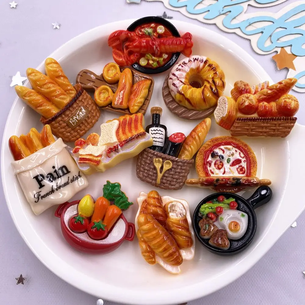 6/12PCS Resin Colorful Various Bread Croissant Donut Lobster Egg Pan Model Scrapbook Flat Back 3D Foods Figurine DIY Home Decor