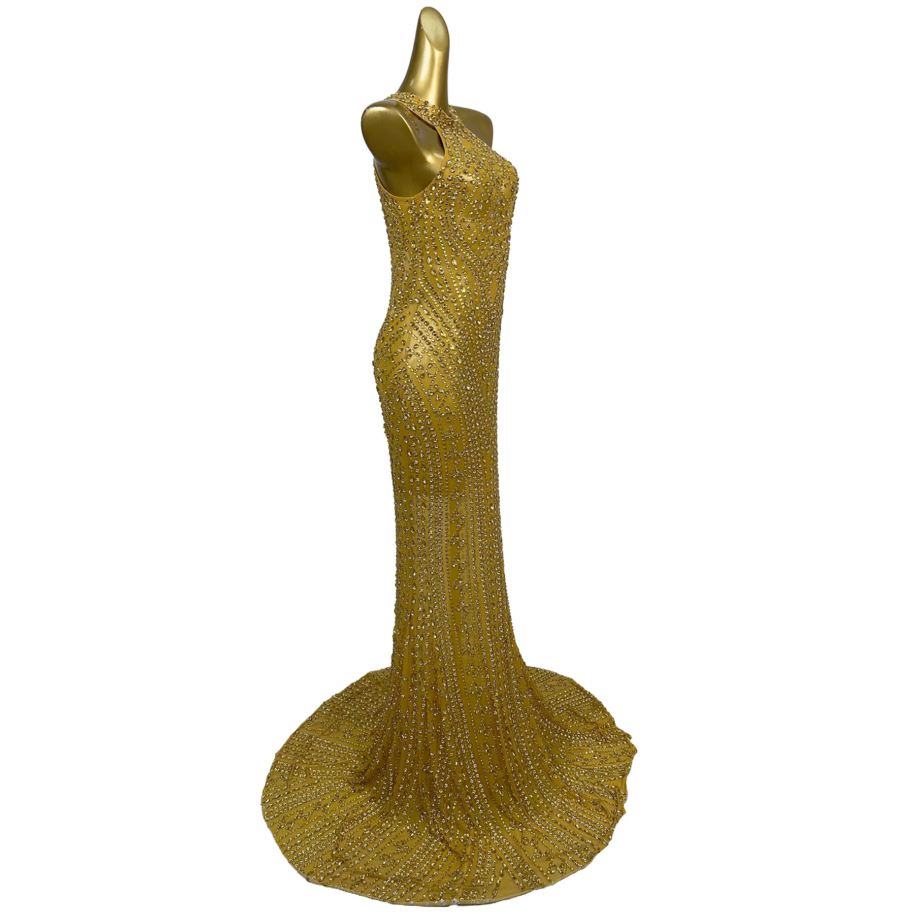 Gold Crystal Sleeveless Birthday Party Celebration Evening Mermaid Dress Women Banquet Prom Trailing Dress Red Carpet Gala Gown