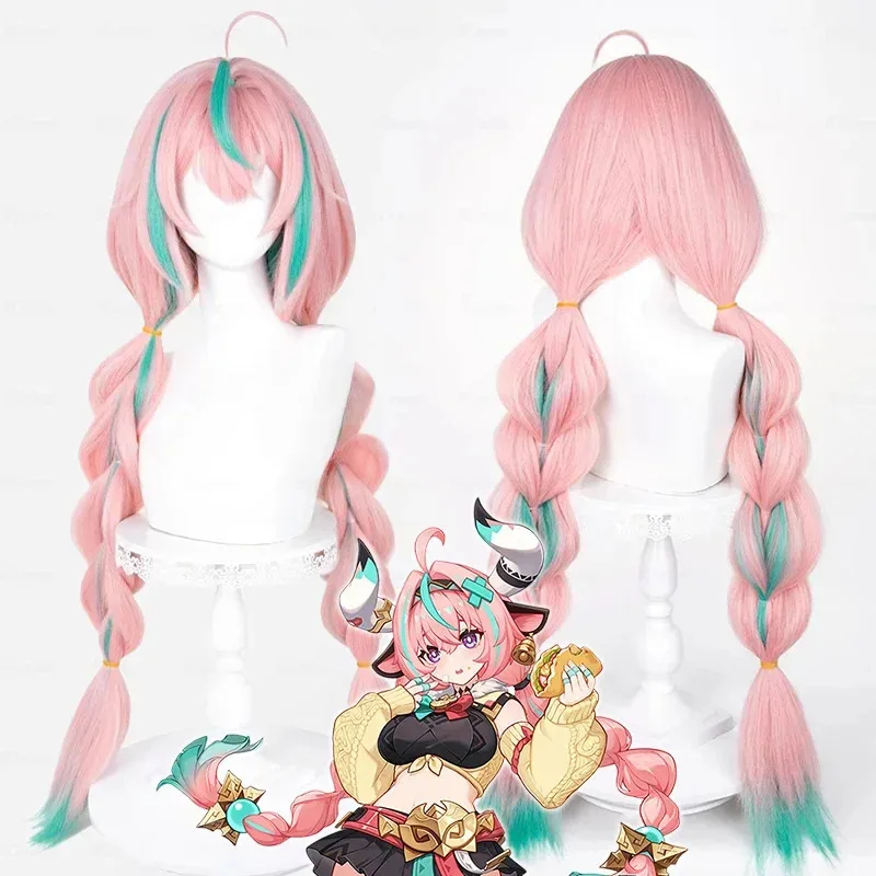 

Varesa Cosplay Wig Genshin Impact Cos Long Braid Pink and Green Mixed Hair Costume Hair with Bangs for Women Adult Halloween Wig
