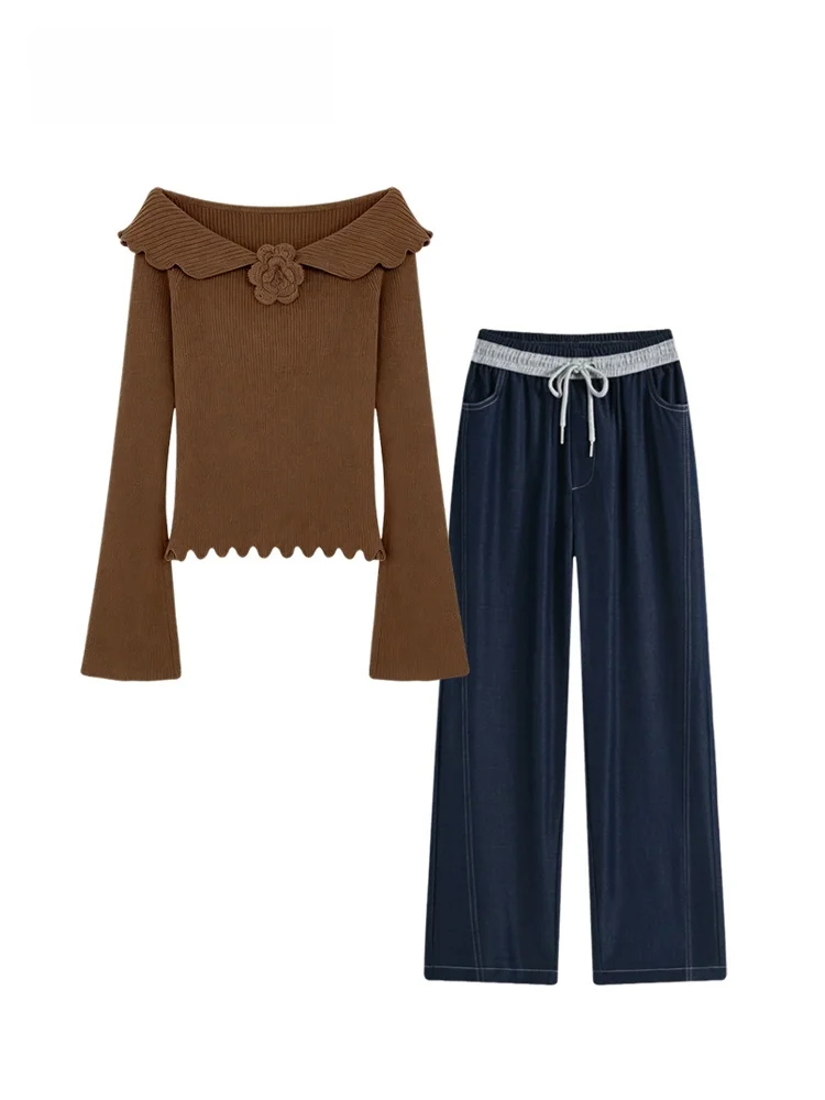 

plus Size Women's Casual oulder T-irt Jeans Set Autumn Winter New Sle Comfortable plus Size Girls Knitted Long Sve