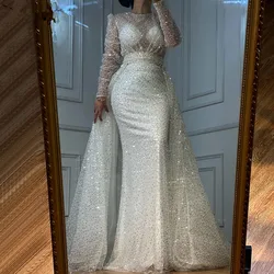 Luxury Mermaid Evening Dress Robes De Soirée Long Sleeves Beaded Sequins Removabl Train Shiny Women Party Gown Vestido De Novia