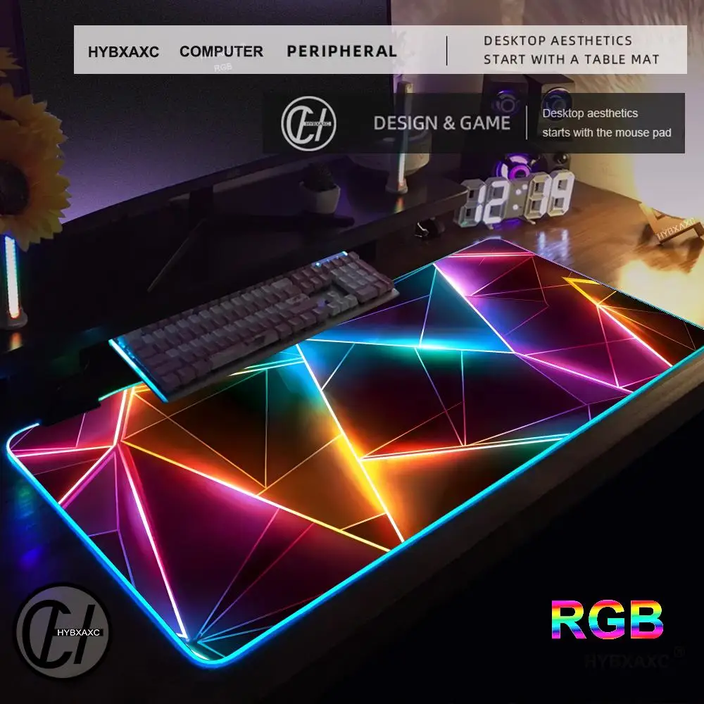 XAXC XXL RGB Gaming Mouse Pad New 3D Geometry Desk Mat HD Gamer Accessories Large LED Light Mousepads PC Computer