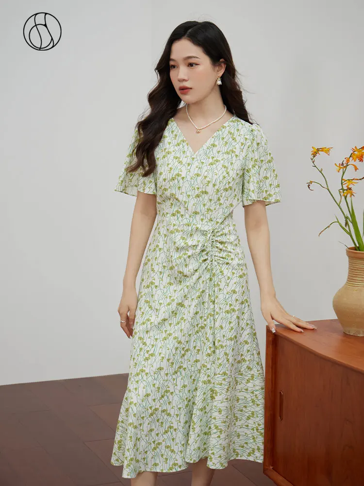 

DUSHU Mori Gentle V-neck Temperament Floral Dress for Women Summer Niche Flying Sleeves Light Print Tie Long Skirt Female